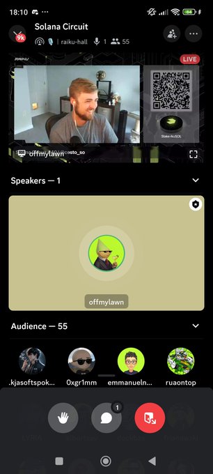 A mobile screenshot of a live 'Solana Circuit' audio chat on a social app, showing a host video, an audience of 55, and speakers including 'offmylawn'.