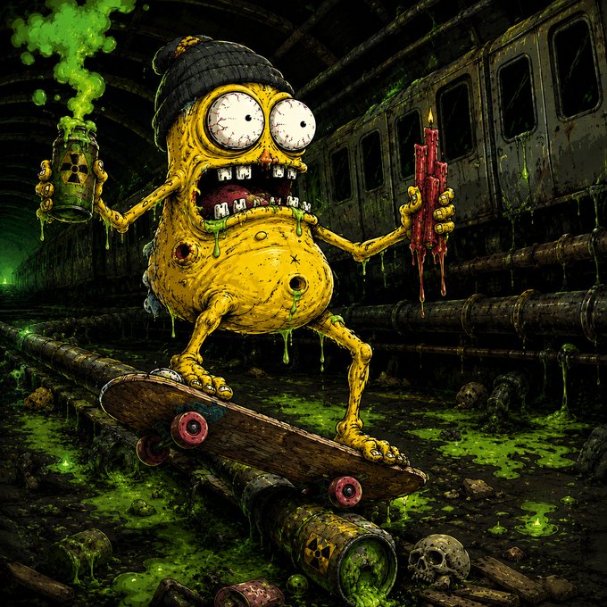 The image features a cartoon character resembling a person with yellow skin and a black hat, who appears to be riding a skateboard through a toxic environment filled with various objects such as barrels, pipes, and other debris. The character seems to be in distress or discomfort due to the hazardous conditions surrounding them. The post that accompanies this image is titled "DONY #solana #pump" and contains text about the character's survival strategies, including feeding on red candles, consuming toxic green slime, and living for one thing - momentum.