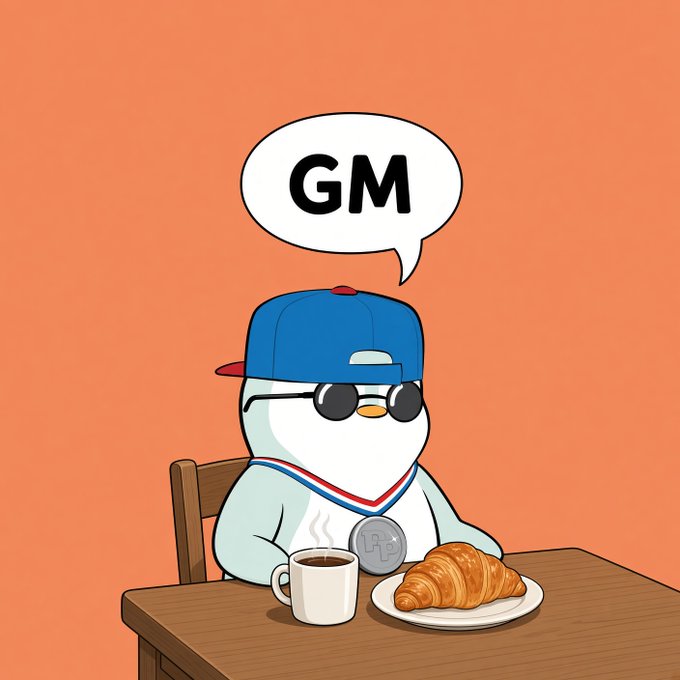 A cartoon character wearing a blue cap, gold chain, and sunglasses sits at a table with coffee and a croissant, saying 'GM' in a speech bubble.