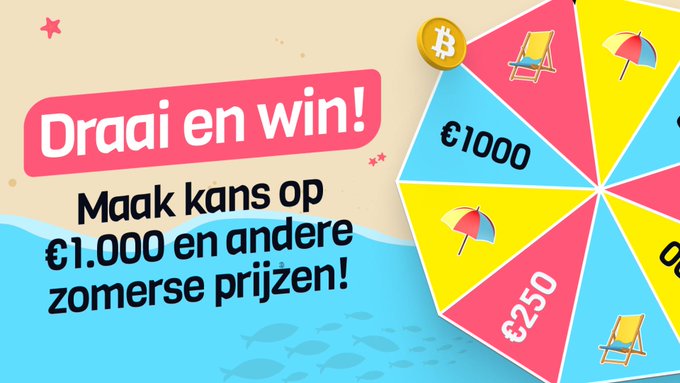 A colorful summer-themed promotional banner in Dutch reading 'Draai en win! Maak kans op €1.000 en andere zomerse prijzen!' featuring a prize wheel with a Bitcoin token and summer vacation rewards.