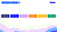 A trading interface titled 'Advanced Stocks' displaying ticker tags for MON, MSFT, STRK, DRY, XXII, and TSLA above a mountain-like area chart.