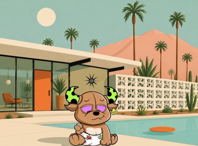 A cartoon brown character with green horns, purple eyes, and a diaper sits by a pool in front of a mid-century modern house with palm trees and mountains.