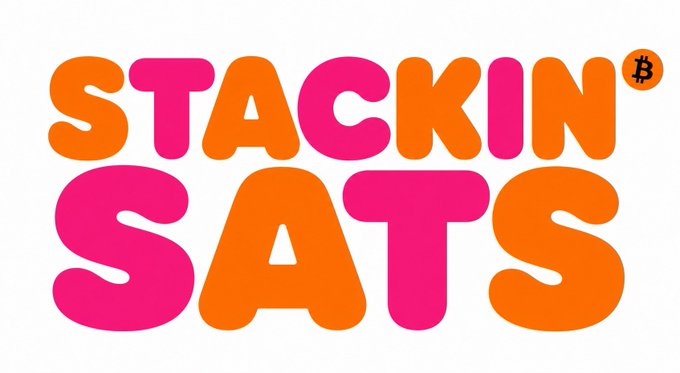 Bold colorful logo reading 'STACKIN SATS' in alternating pink and orange bubble letters with a small Bitcoin (₿) symbol in the corner.