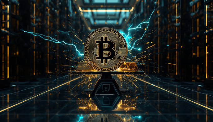A glowing golden Bitcoin coin hovers above a reflective surface in a dark futuristic corridor with blue lightning effects and particle sparks.