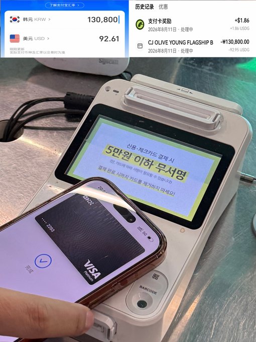 An OKX card is held up to a payment terminal, with a digital wallet interface showing the exchange rate as 130,800 KRW to 92.61 USD, while the post highlights that the OKX card charges only $92.95 USD compared to similar cards.