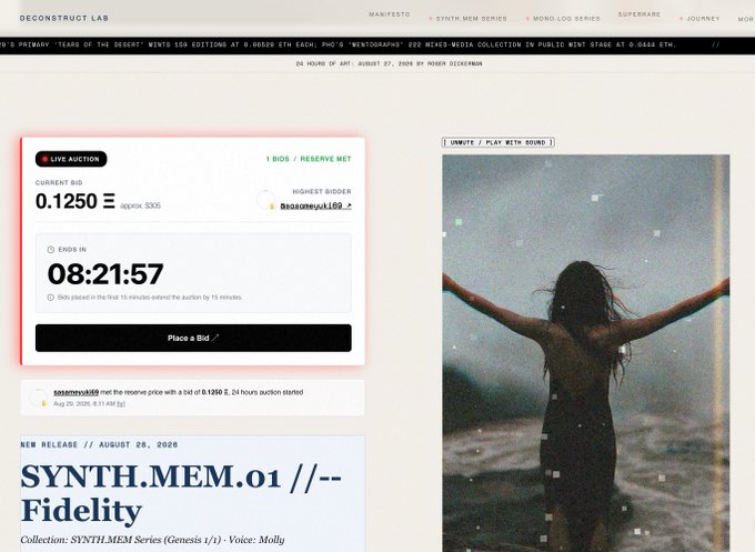 A screenshot from Deconstruct Lab shows an active live auction for "SYNTH.MEM.01 ///-- Fidelity" with a current bid of 0.1250 ETH (~$305) by user ssssomewu169, ending in 8 hours 21 minutes, alongside an atmospheric image of a woman with arms outstretched. The auction interface exemplifies the kind of SR (Synth.Mem Series) auction monitoring that can be automated through agent-based workflows on the platform.