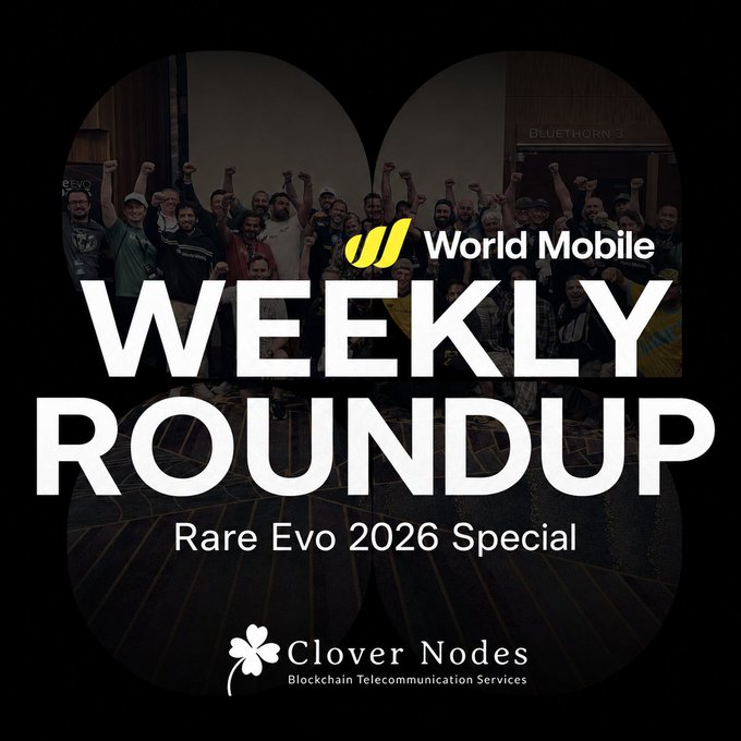 A promotional image for 'World Mobile WEEKLY ROUNDUP - Rare Evo 2026 Special' featuring a photo of a cheering crowd inside a clover-shaped frame, with the 'Clover Nodes' logo at the bottom.