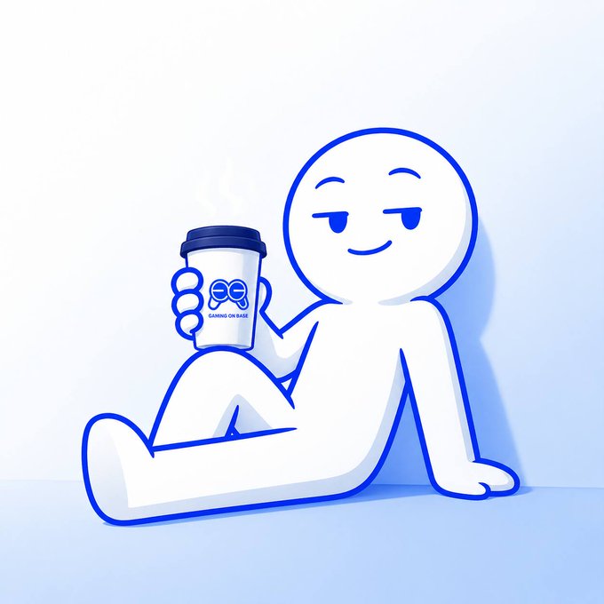 3D-rendered illustration of a white outlined stick-figure character sitting and holding a coffee cup labeled 'GAMING ON BASE', featuring a stylized face with a smug expression.