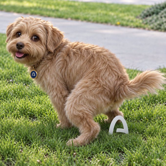 A fluffy, light-brown dog wearing a blue tag with the letter 'A' stands on green grass next to a white object with the letter 'A'.
