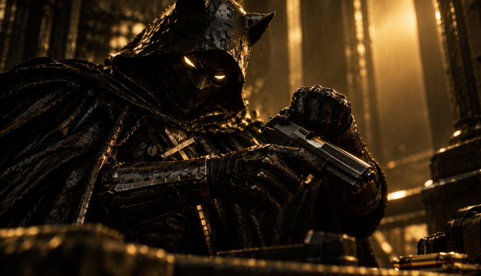 A shadowy armored figure with glowing eyes holds a gun in a dimly lit, industrial setting, evoking the grind and resilience of pushing forward in tough conditions. The image's stoic determination mirrors the post's message that incremental progress ("small steps") ultimately leads to success, urging perseverance.