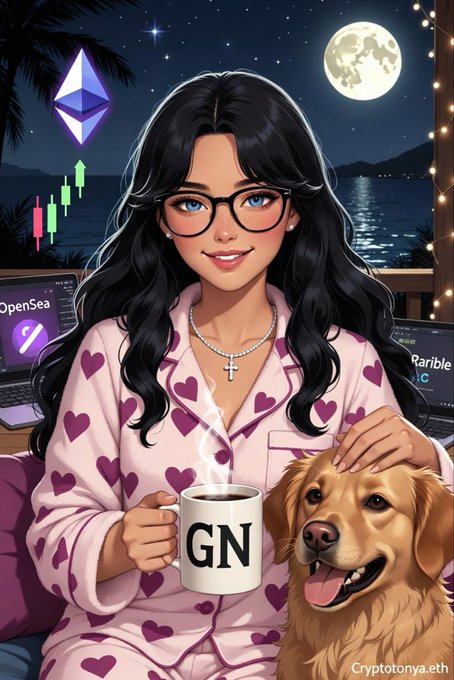 An illustrated woman with long black hair, glasses, and a heart-patterned pajama set holds a steaming mug labeled "GN" while petting a golden retriever, with crypto charts, an Ethereum logo, OpenSea, and Rarible screens visible in the background under a full moon.