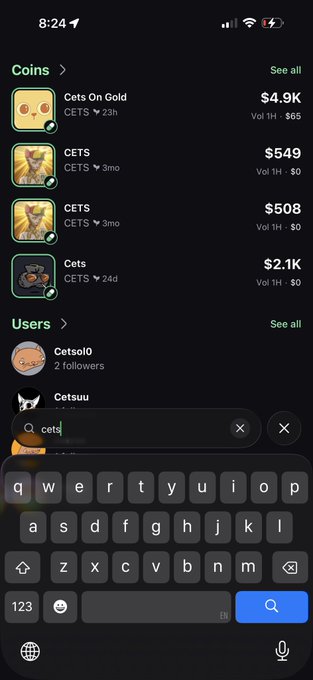 The image shows a search result on the Pumpfun app for "cets," which prioritizes "Cets On Gold" ($4.9K volume) and other CETS-related tokens at the top, pushing results like "Cetsol0" (a user) further down the list. This visual supports the post's criticism that Pumpfun's search function unfairly favors coins launched on their own platform over users or other relevant content.
