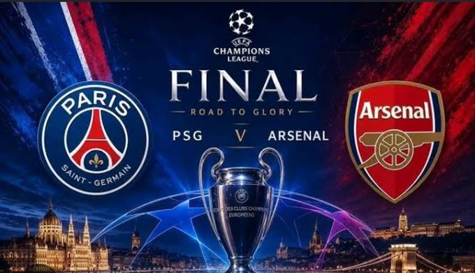 The image features a poster for the UEFA Champions League Final between Paris Saint-Germain (PSG) and Arsenal, with a large trophy displayed at the center of the poster. The text "BREAKING ARSENAL PSG—THE CHAMPIONS LEAGUE FINAL IS HERE" is prominently displayed above the trophy. The poster also includes information about a bonus deposit for new users who bet on the final.