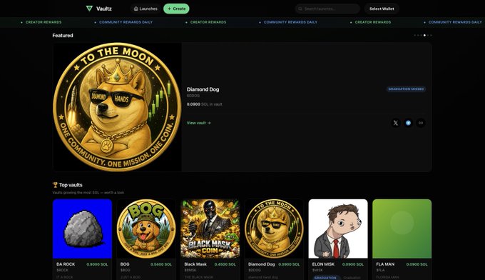 The image shows a computer screen displaying a website called Vaultz, which appears to be related to Bitcoin or cryptocurrency. The website has a black background with white text that reads "To the Moon" and "Vaultz". There are several images of coins on the page, including one featuring a dog wearing sunglasses. The post also mentions the release date for Vaultz and the name of the coin featured in the image.