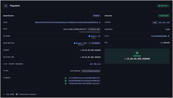 A dark-themed interface displays a cryptocurrency transaction record with a 'Success' status. Key details include a 'Payment' specification, an amount of '10,000,000,000.000000', and a 'Delivered' outcome, with the account and destination identified as 'Ripple'.