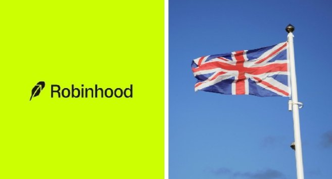 The image shows the Robinhood logo on a yellow background alongside the UK flag, visually representing the company's recent milestone of securing FCA registration for its crypto operations in the United Kingdom.