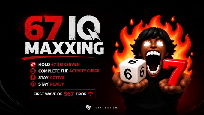 A promotional banner for '67 IQ MAXXING' by Six Seven, instructing holders to hold $SIXSEVEN, complete activity checks, and stay active for the first wave of $67 drop.