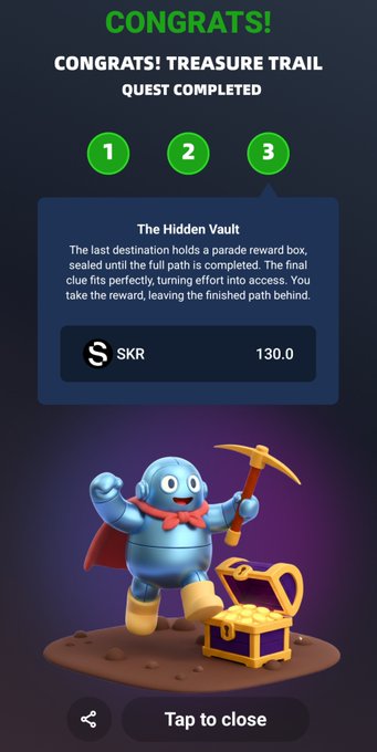 "CONGRATS! TREASURE TRAIL QUEST COMPLETED" mobile screen showing a 130.0 SKR reward from "The Hidden Vault" and a 3D blue character in a red cape holding a pickaxe next to a gold chest.