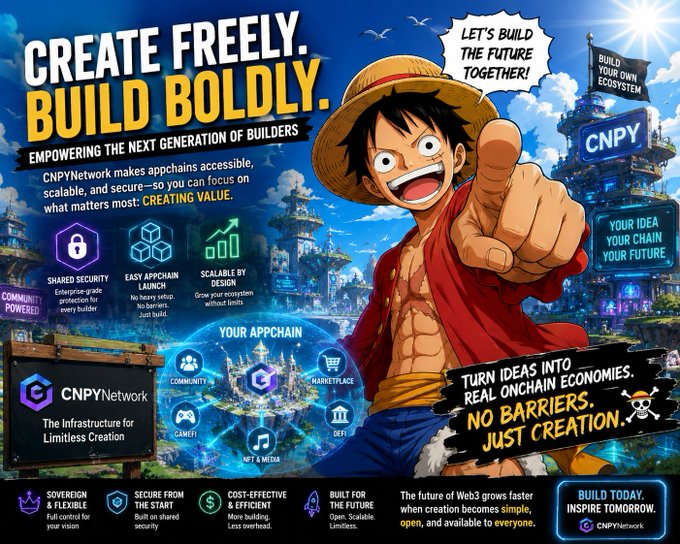 The image features a cartoon character wearing a red shirt with a straw hat and holding up his hand as if giving a high five, surrounded by buildings and other characters from a video game or anime. The text above the image reads "CREATE FREELY. BUILD BOLDY. EMPOWERING THE NEXT GENERATION OF BUILDS". Below this, there is a block quote that says "Let's build together. Empowering the next generation of builders. Creating value. Your appchain. Web3 should empower creators to build freely, not force them to struggle with complicated infrastructure before they can even start." The image also includes a website address and a social media handle for @CNPYNetwork.