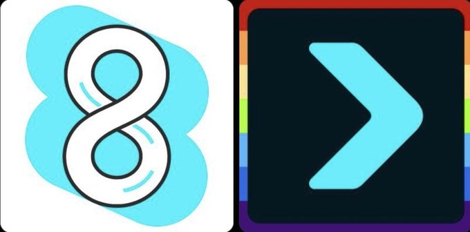 Two app icons displayed side by side: one featuring a stylized number '8' on a blue background, and another showing a blue chevron/arrow symbol on a dark background.