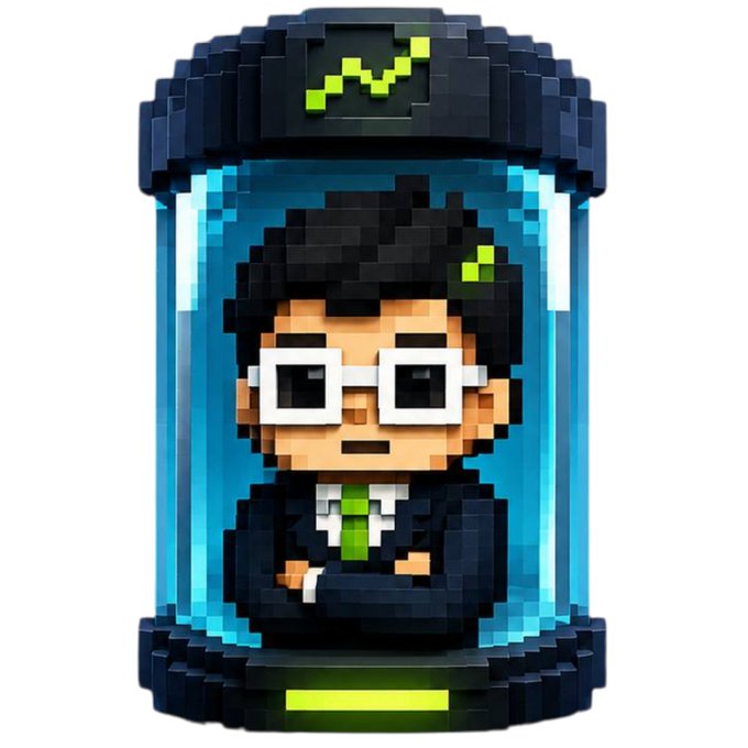 A pixel art style collectible of a character with glasses and a suit inside a transparent blue capsule, with a green logo on top.