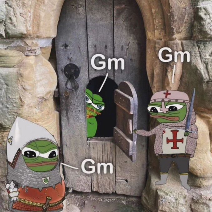 Three Pepe the Frog characters dressed as medieval knights with 'Gm' speech bubbles, one peeking through a wooden door in a stone archway.