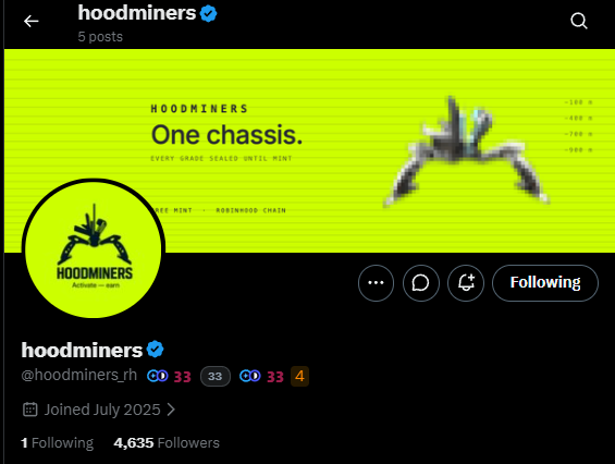 A Twitter/X profile page for 'hoodminers' (@hoodminers.rh) featuring a bright green banner that reads 'One chassis. EVERY-GRADE SEALED UNTIL MINT', with 4,635 followers and a 'Following' status.