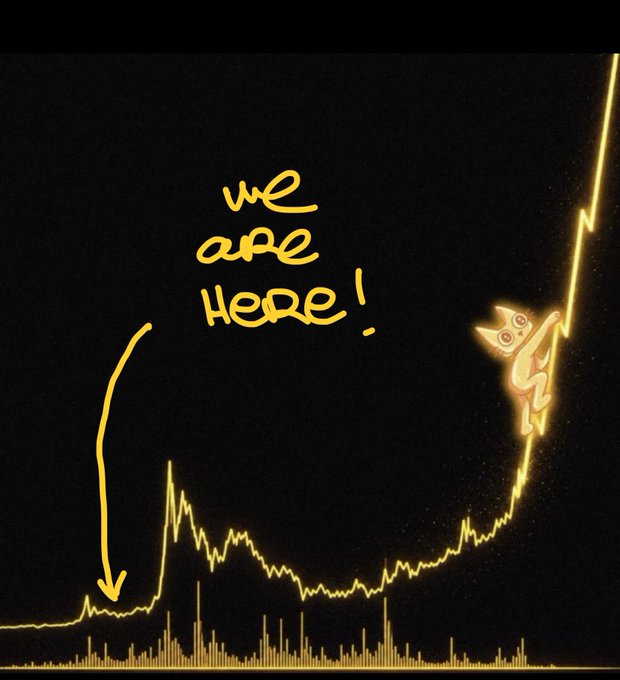 A stock market chart with a yellow line graph on a black background, featuring handwritten text 'we are Here!' with arrows pointing to a low point and a frog character climbing the rising line.