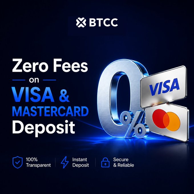 A promotional graphic from BTCC advertising zero-fee Visa and Mastercard deposits, featuring the BTCC logo, a large metallic "0%" symbol, and credit card imagery on a dark blue background. The ad highlights key benefits—"100% Transparent," "Instant Deposit," and "Secure & Reliable"—aligning with the post's call to action to sign up and deposit before the limited-time offer ends.