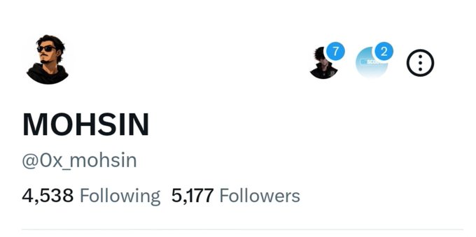 A social media profile for 'MOHSIN' (@0x_mohsin) showing 4,538 Following and 5,177 Followers with profile pictures visible.