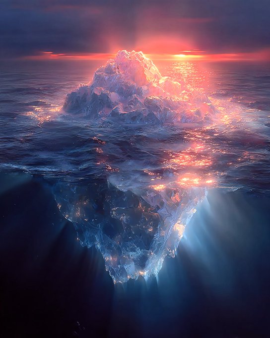 A digital artwork of an iceberg at sunset, with the glowing peak above water and the massive crystalline structure reflected below the surface.