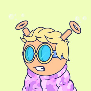 The image features a cartoon character with blonde hair wearing glasses, goggles, and a purple jacket. The character appears to be wearing a hat as well. The character has two antennae sticking out of their head. In the background, there are bubbles floating around the character's head, suggesting that they might have been swimming or playing in water. The image also contains text that reads "ETH dipping... perfect Who has 1E wants their first Quirkie or to add to their collection today Feeling generous... looking for 3 people".