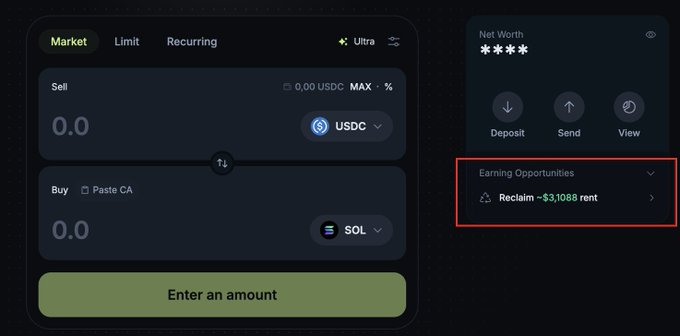A cryptocurrency exchange interface showing a USDC/SOL trading pair with a red box highlighting 'Reclaim ~$3,1088 rent' under Earning Opportunities.
