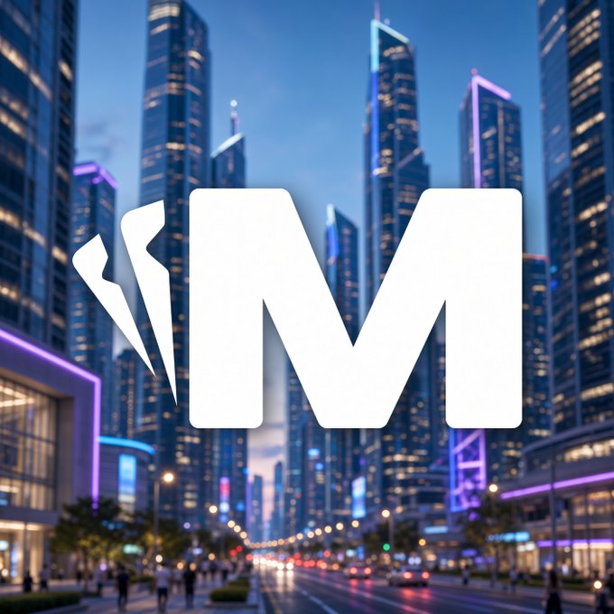 A large white 'M' logo with a swoosh design is overlaid on a nighttime cityscape featuring illuminated skyscrapers and neon purple and pink lighting.