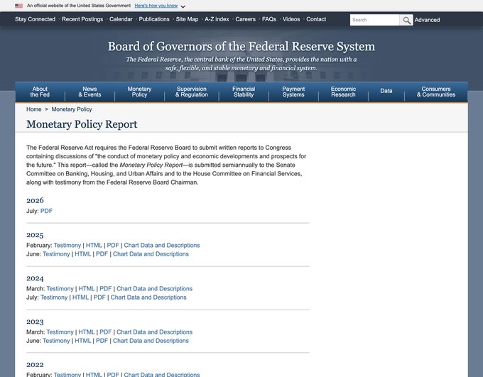 The image shows the Federal Reserve Board's "Monetary Policy Report" archive page on its official website, listing semiannual reports submitted to Congress from 2022 through 2026 (July: PDF). This relates to the post by displaying the official source where the Fed discusses economic developments and inflation outlooks—context for the post's argument that the Fed's Monetary Policy Report identifies AI-related chip, memory, and power price pressures as a driver of sticky inflation, constraining the Fed's ability to cut rates and support risk assets like crypto.