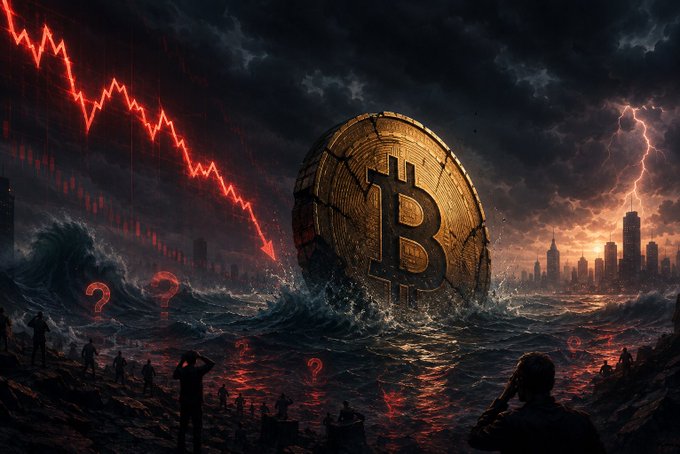 The image features an advertisement with a man holding a phone above his head over an ocean, featuring a Bitcoin symbol at the center of the frame against a dark blue sky. The Bitcoin value has dropped rapidly, reaching approximately $20k within just a few weeks. A number of people are standing around in this scene, suggesting they may be reacting to the drop in value or contemplating investing in Bitcoin again when it bounces back. The title of the post is "Bitcoin just dropped $20k in a matter of weeks and is now hovering around $62k. Most people believe a 50% correction from the cycle high is the worst-case scenario—and we've already reached that zone."