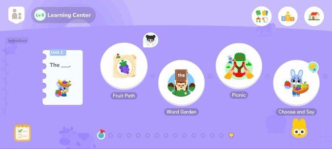 A children's educational app interface for a 'Lv 6 Learning Center' shows a learning path with activities like 'Fruit Path,' 'Word Garden,' 'Picnic,' and 'Choose and Say.'