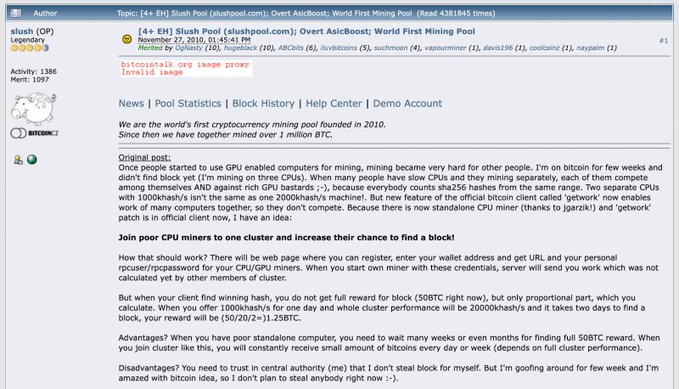 A screenshot of a Bitcoin forum thread from slushpool.com on CryptoPool, titled 'World First Mining Pool', where the user 'slush' introduces a new mining pool allowing solo miners to join a cluster to find blocks.