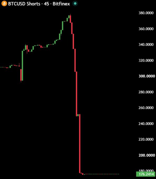 A 45-minute Bitfinex BTCUSD Shorts candlestick chart shows a sharp decline from a peak near $380 down to $176.24, with the steepest drops occurring as short positions were aggressively closed. The dramatic liquidation cascade visually supports the post's claim that whales are unwinding their Bitcoin shorts, potentially signaling a major market reversal.