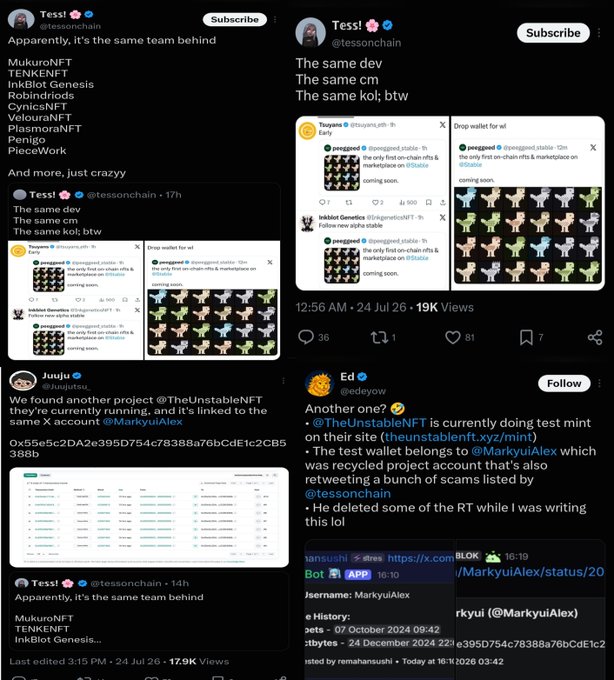 Screenshots of tweets from Tess!, Juju, and Ed (@tessonchain, @Jujutsu_, @edmeyow) alleging that the same team is launching multiple NFT collections—including Inkblot Genesis, PlasmoraNFT, Penigo, PieceWork, and TheUnstableNFT—through linked wallets like 0x55e5c2DA2e395D754c78388a76bCdE1c2CB5388b and recycled X accounts such as @MarkyuiAlex, tying these projects to repeated rug-pull schemes.