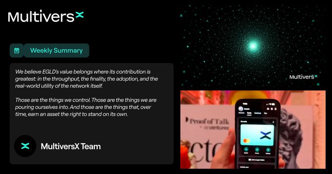 The image features a white computer monitor that displays two separate sections of content related to MultiversX, an online community with a focus on blockchain technology. The left side contains text discussing the concept of "MultiversX" and its implications for the future, while the right side shows a photo depicting a person holding up a cell phone, which could be showcasing the app or a piece of software associated with MultiversX.