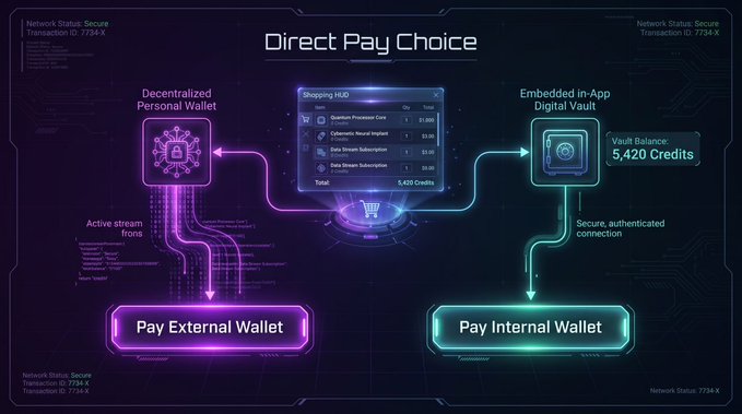 A dark-themed futuristic user interface graphic titled 'Direct Pay Choice' illustrating two payment methods: 'Pay External Wallet' (Decentralized Personal Wallet) in purple and 'Pay Internal Wallet' (Embedded In-App Digital Vault) in teal, with a vault balance of 5,420 Credits.