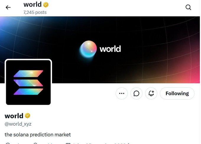 A Twitter/X profile page for 'world' (@world_xyz), described as 'the solana prediction market', with 7,245 posts.