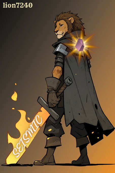 Digital artwork of a lion-like warrior character with a dark cape holding a large flaming sword labeled 'seismic' on the blade, with a purple gem on his shoulder and 'lion7240' watermark in the corner.