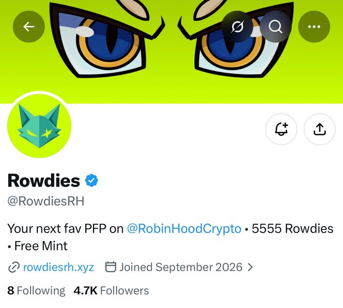 A Twitter/X profile page for 'Rowdies' (@RowdiesRH) with an angry green fox mask header, describing itself as 'Your next fav PFP on @RobinHoodCrypto • 5555 Rowdies • Free Mint' with a free mint website link.