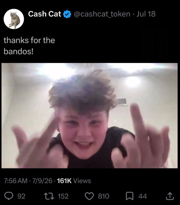 The image is a screenshot of a tweet from the verified "Cash Cat" account (@cashcat_token) dated July 18, showing a young person with curly hair making hand gestures toward the camera, captioned "thanks for the bandos!" with 161K views. The post relates to a rumored $CASHCAT rug pull, with the image likely depicting a celebratory or taunting moment following the token's collapse.