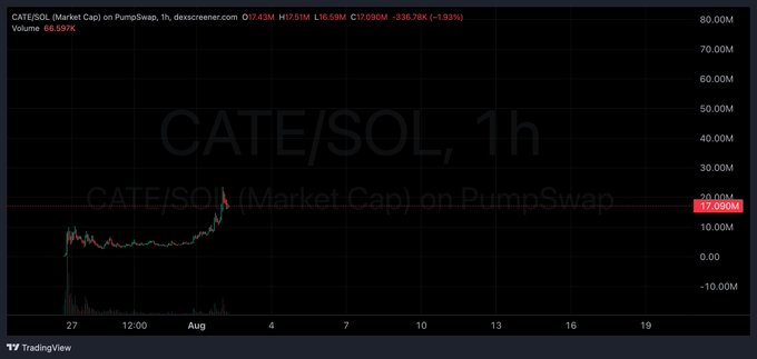 The image shows a TradingView chart of CATE/SOL (Market Cap) on PumpSwap, displaying a dramatic surge to approximately 17.05M market cap, a 336.78% increase (+1.93%) from 7,510M, with 66.93% buy volume. This visualizes the post's claim of a "10x+ reward" after shilling Cate, supporting the author's thesis that the memecoin could rival Doge and lead the memecoin space.