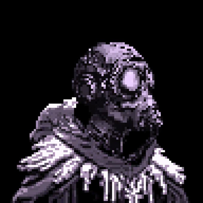 A dark pixel art illustration of a hooded, ghoulish figure with glowing eyes, rendered in purple and black tones against a black background.