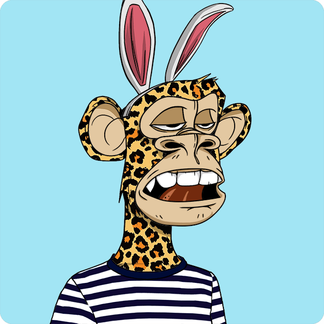 A digital illustration of a bored-looking cartoon ape character wearing a leopard print balaclava, pink bunny ears, and a blue and white striped shirt against a light blue background.