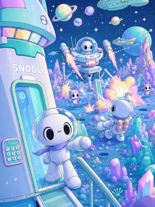 A colorful cartoon-style illustration depicting cute astronaut characters in space suits on an alien planet with purple crystals, a rocket ship labeled 'SNOOL,' and planets in the starry sky.